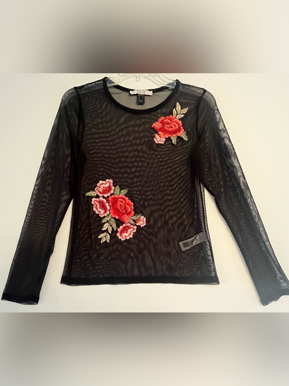 Streetwear Society Black Mesh Floral Rose Top L Y2K
